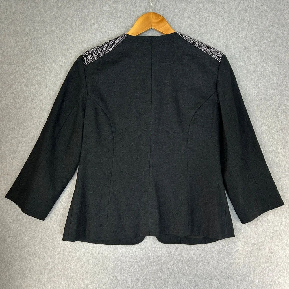 Chicos Chained Galloway 3/4 Jacket Black Linen Blend Silver Chain Size 0 / S NWT